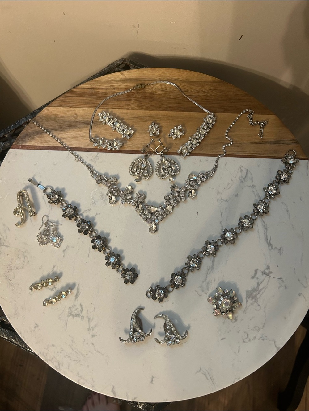 Vintage Crystal Floral Statement Jewelry Set - Silver Tone lot